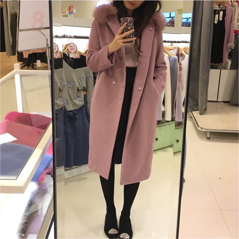 Cocodeal 千金風連帽毛毛袖直筒50%羊毛大衣 藕紫1號-細節圖5