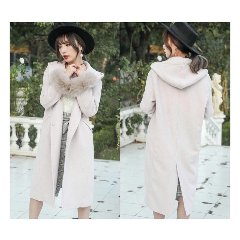 Cocodeal 千金風連帽毛毛袖直筒50%羊毛大衣 藕紫1號-細節圖6