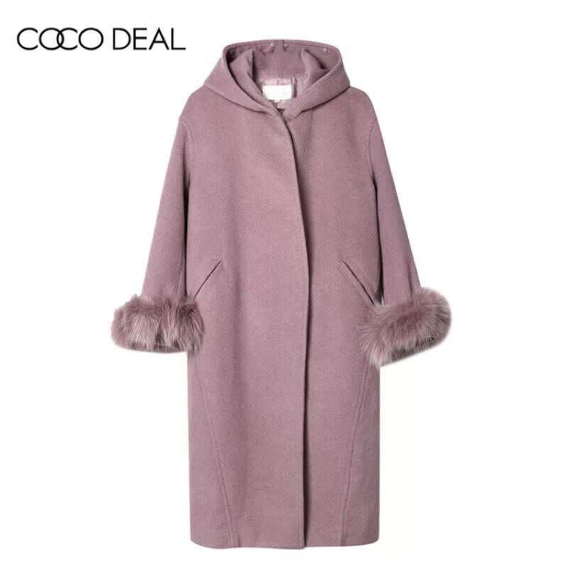 Cocodeal 千金風連帽毛毛袖直筒50%羊毛大衣 藕紫1號-細節圖8