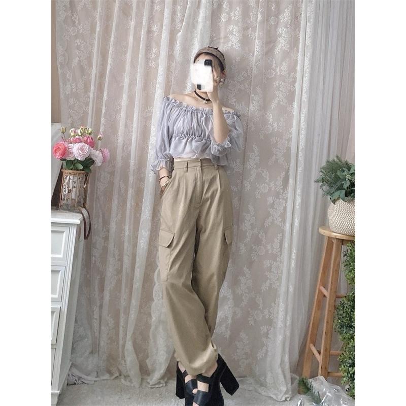 正品全新 Cocodeal 休閒高腰抽繩縮口工裝褲 卡其1號-細節圖3