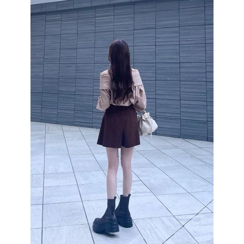 全新吊牌在 Cocodeal 24秋冬 復古混毛呢小百褶短褲裙 咖啡1號 74516106-細節圖7