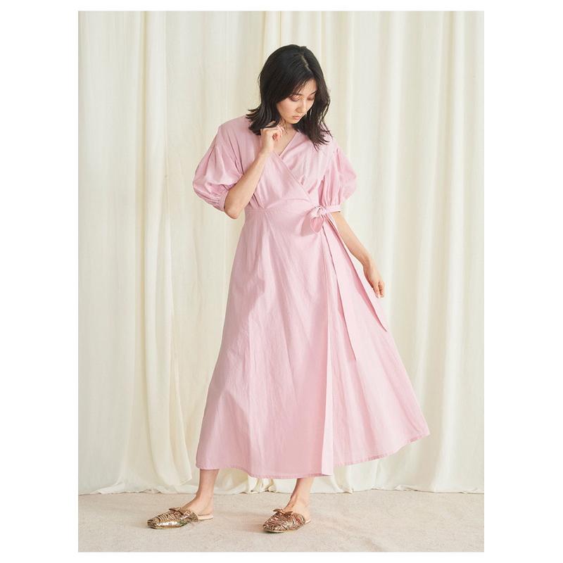 全新吊牌在 Snidel Home 春夏涼感棉亞麻V領燈籠袖圍裹式罩衫睡裙 家居服 粉紫-細節圖2