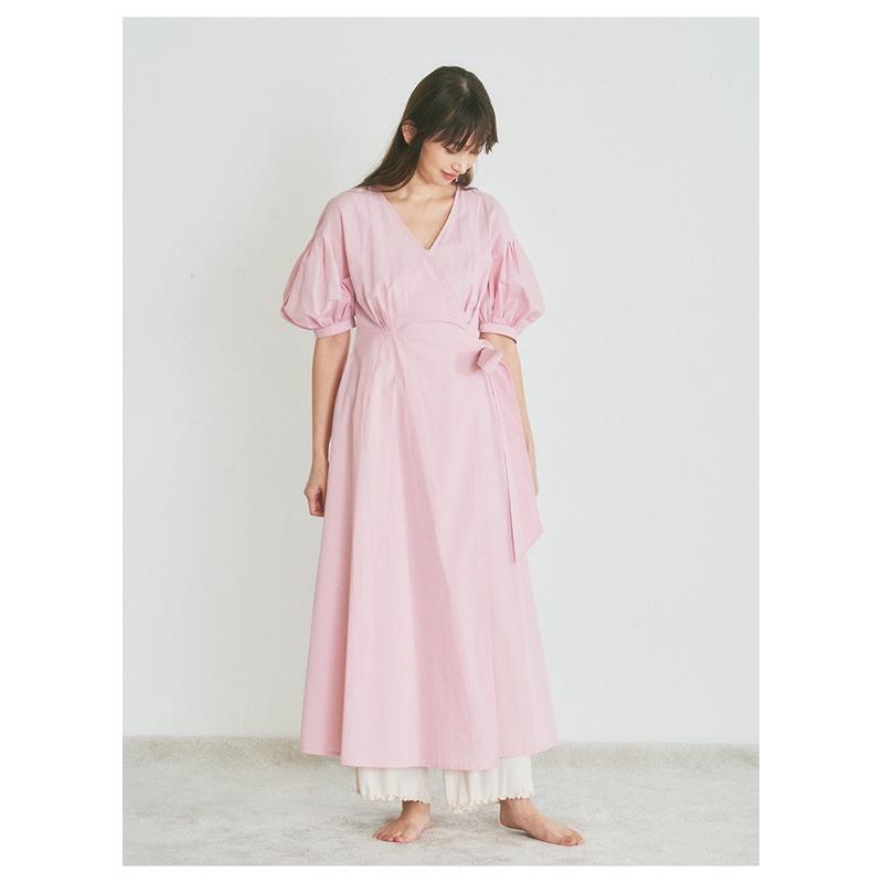 全新吊牌在 Snidel Home 春夏涼感棉亞麻V領燈籠袖圍裹式罩衫睡裙 家居服 粉紫-細節圖4