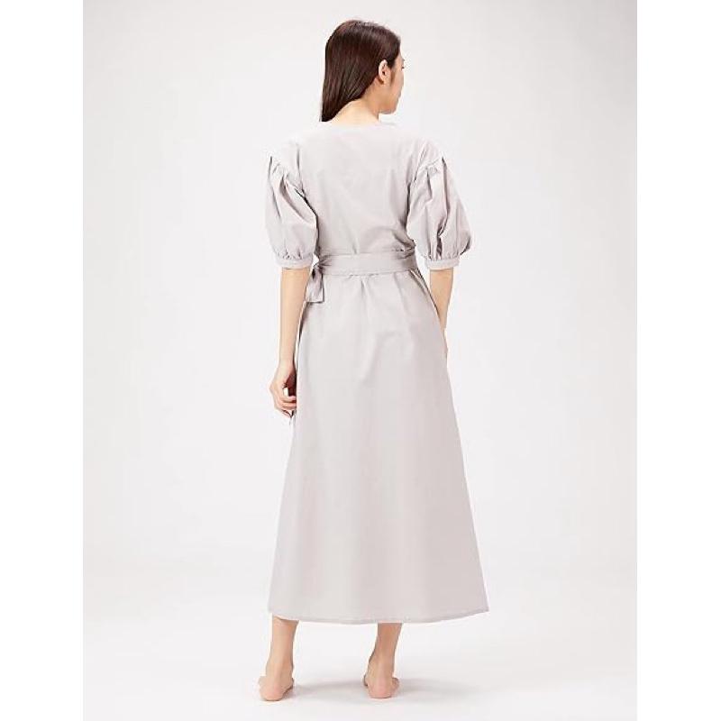 全新吊牌在 Snidel Home 春夏涼感棉亞麻V領燈籠袖圍裹式罩衫睡裙 家居服 粉紫-細節圖7