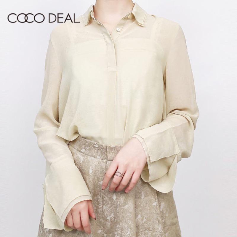 現貨 全新吊牌在Cocodeal 精美壓紋透膚雙層喇叭袖繡邊雪紡襯衫 薄荷綠2號-細節圖6