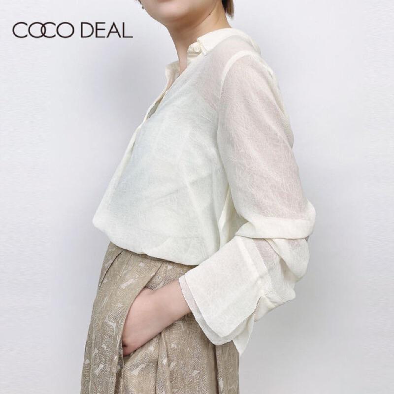 現貨 全新吊牌在Cocodeal 精美壓紋透膚雙層喇叭袖繡邊雪紡襯衫 薄荷綠2號-細節圖7