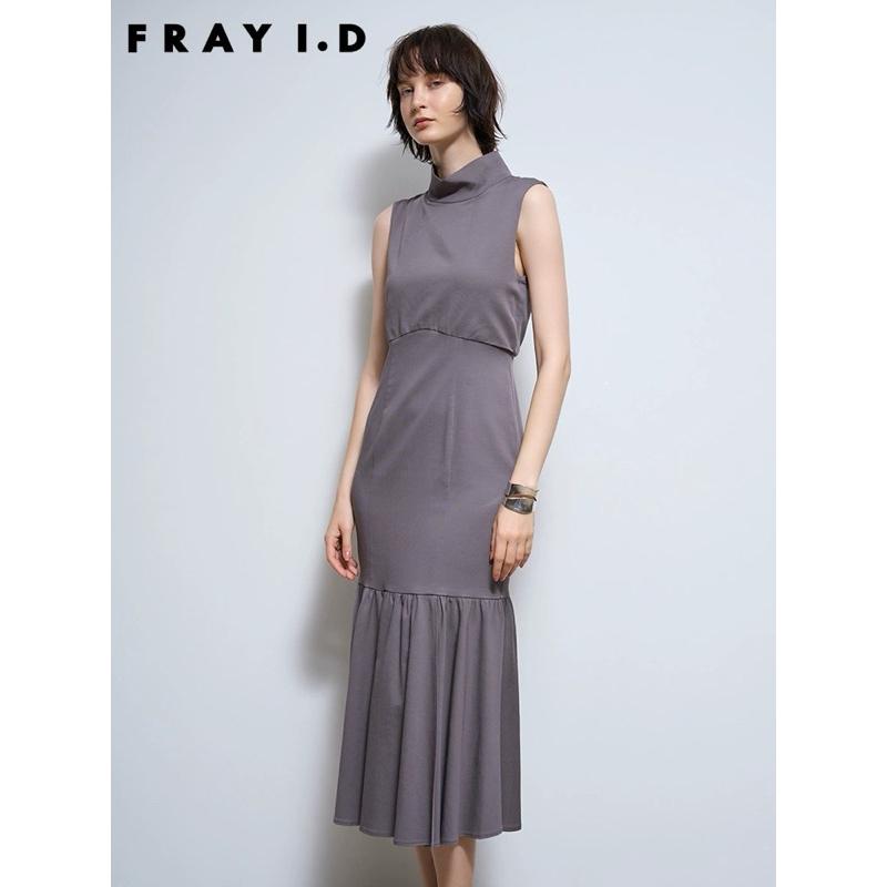 Fray I.D 柔美高雅小高領拼接魚尾修身無袖洋裝 摩卡灰1號 FWFO222060-細節圖5