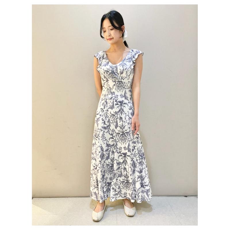 正品全新 Snidel home 典雅印花荷葉無袖舒柔附罩杯睡裙 睡衣 居家服 藍-細節圖2