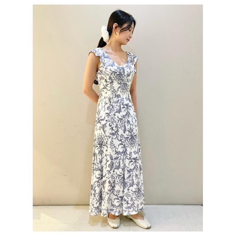 正品全新 Snidel home 典雅印花荷葉無袖舒柔附罩杯睡裙 睡衣 居家服 藍-細節圖3