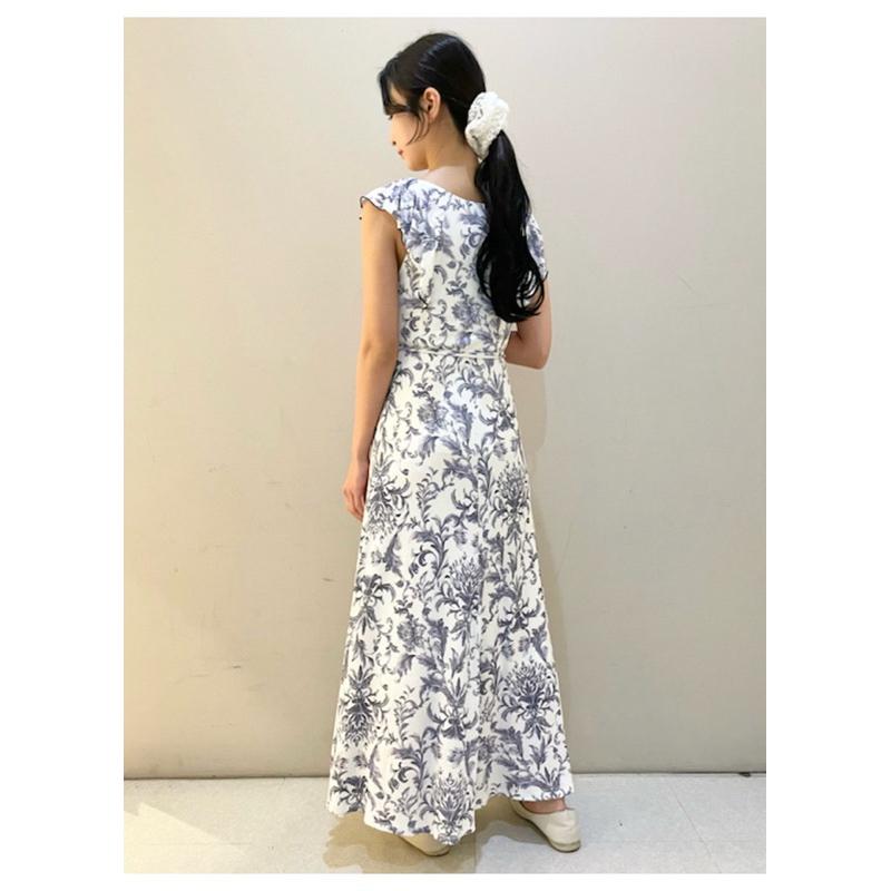 正品全新 Snidel home 典雅印花荷葉無袖舒柔附罩杯睡裙 睡衣 居家服 藍-細節圖4