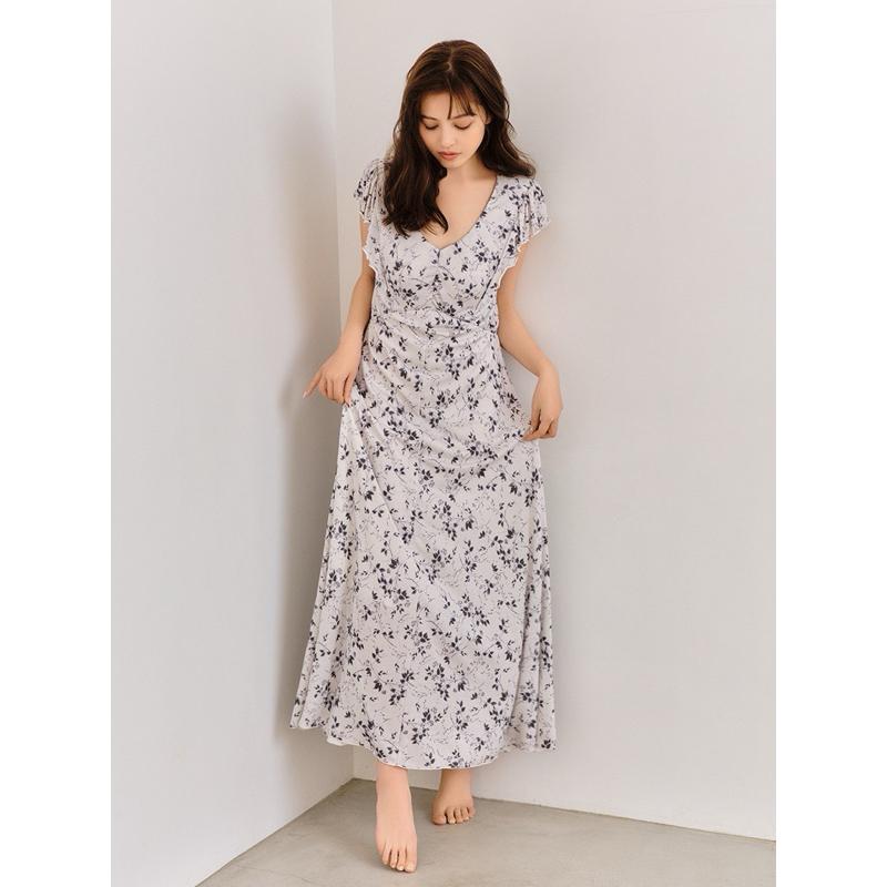 正品全新 Snidel home 典雅印花荷葉無袖舒柔附罩杯睡裙 睡衣 居家服 藍-細節圖5