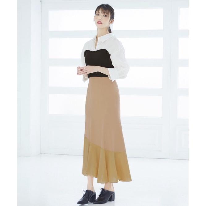 Lillian Carat (Cocodeal 副牌）異素材拼接魚尾長裙 米杏 黑-細節圖3