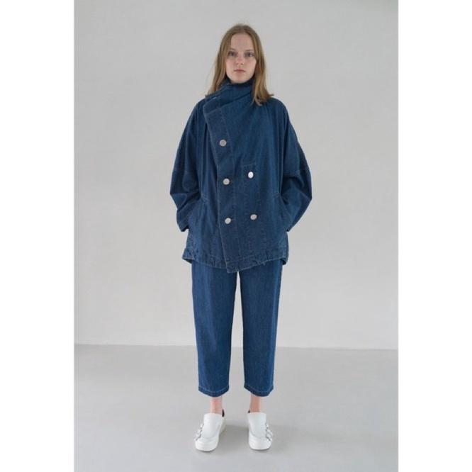 ZUCCa 精品設計感雙排釦不規則大翻領口牛仔單寧風衣 外套-細節圖5