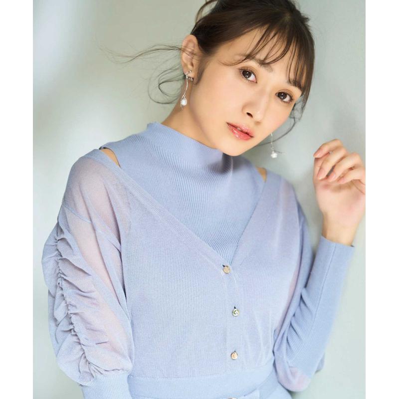 Noela 浪漫典雅假兩件透膚披肩露肩針織洋裝 粉藍M-細節圖2