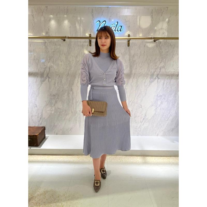 Noela 浪漫典雅假兩件透膚披肩露肩針織洋裝 粉藍M-細節圖8