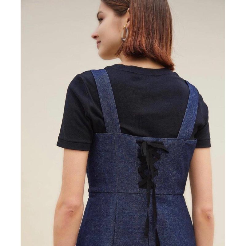 JILL STUART 日本主線 精緻刺繡下擺後馬甲繫帶牛仔背帶無袖直筒洋裝 2號-細節圖3