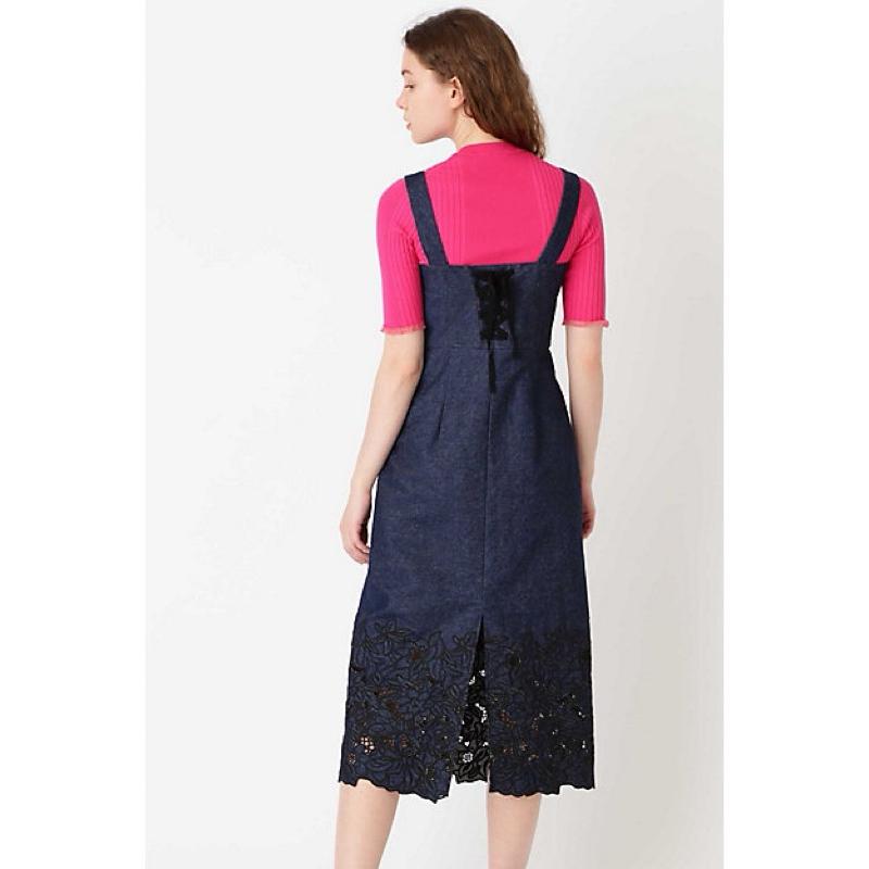 JILL STUART 日本主線 精緻刺繡下擺後馬甲繫帶牛仔背帶無袖直筒洋裝 2號-細節圖5