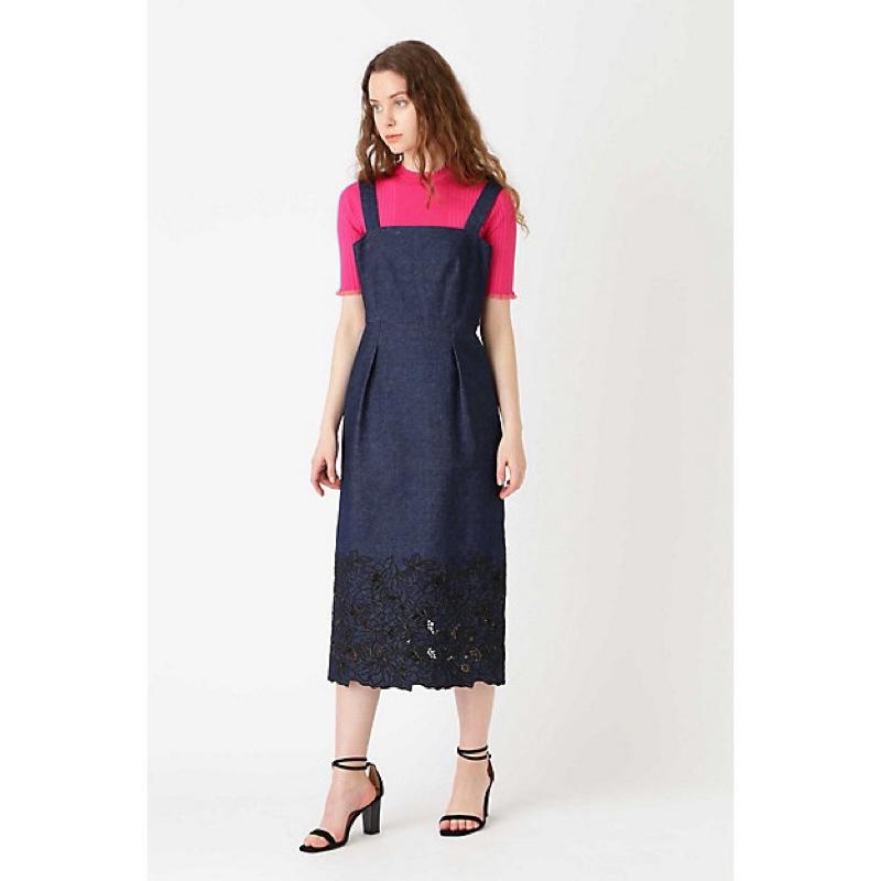 JILL STUART 日本主線 精緻刺繡下擺後馬甲繫帶牛仔背帶無袖直筒洋裝 2號-細節圖6