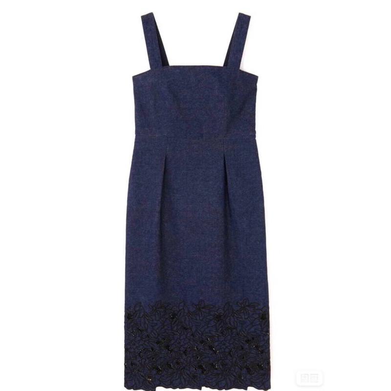 JILL STUART 日本主線 精緻刺繡下擺後馬甲繫帶牛仔背帶無袖直筒洋裝 2號-細節圖8