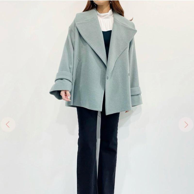 現貨 正品全新 Cocodeal 大翻領寬鬆A字70%羊毛短版大衣 外套 粉藍1號-細節圖6
