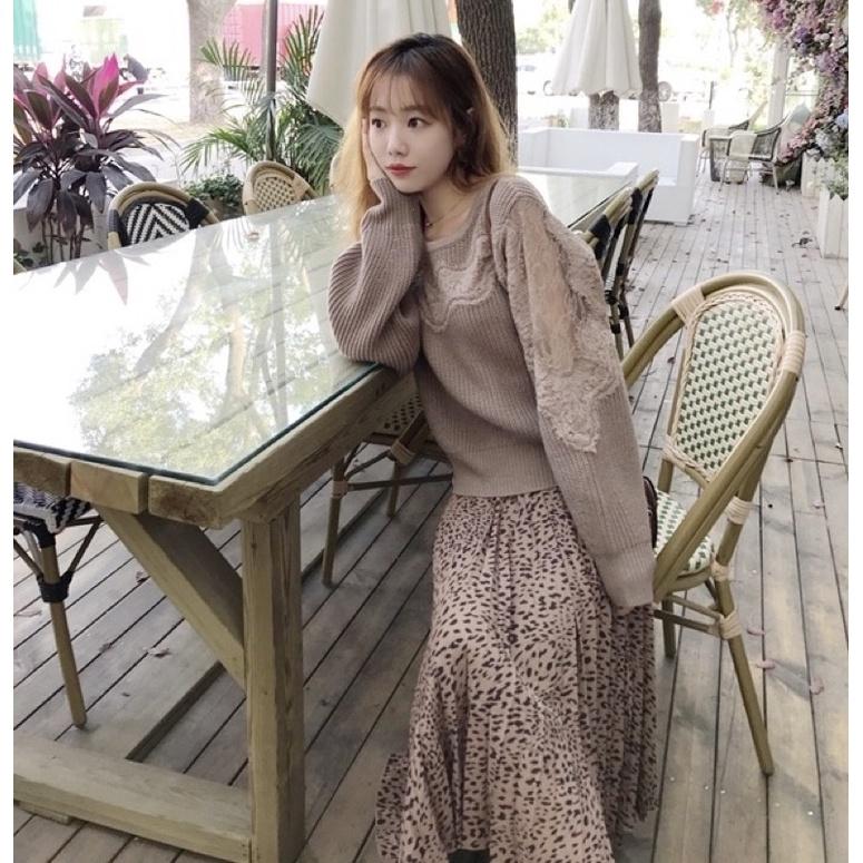 現貨 全新吊牌在 Cocodeal 甜美蕾絲透膚燈籠袖混羊毛針織衫 毛衣 摩卡咖1號-細節圖4