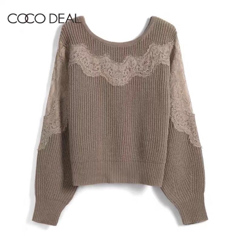 現貨 全新吊牌在 Cocodeal 甜美蕾絲透膚燈籠袖混羊毛針織衫 毛衣 摩卡咖1號-細節圖5