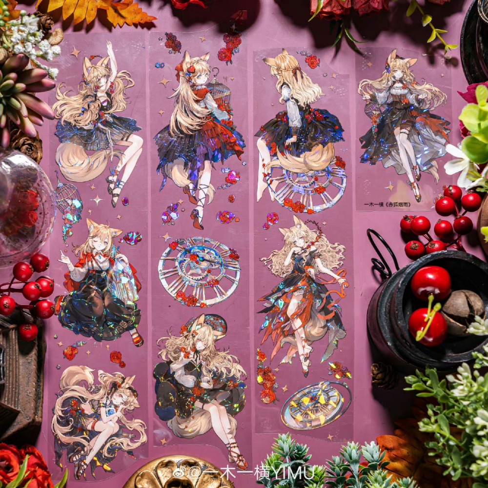T92fu｜分裝｜一木一橫｜赤狐煙雨｜PET｜貝殼光｜人物｜墨魚太太｜紙膠帶分裝｜手帳素材｜咕卡｜現貨-細節圖3