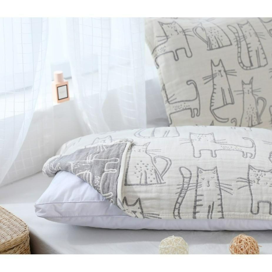 ♡peachlife.♡「台灣現貨」吸濕排汗透氣枕巾2入 四層紗貓咪枕巾 小貓咪枕巾 枕頭保護套 日式可愛枕巾-細節圖2