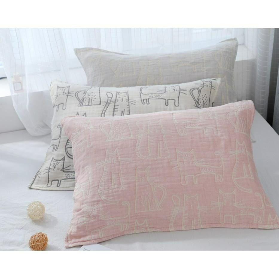 ♡peachlife.♡「台灣現貨」吸濕排汗透氣枕巾2入 四層紗貓咪枕巾 小貓咪枕巾 枕頭保護套 日式可愛枕巾-細節圖3