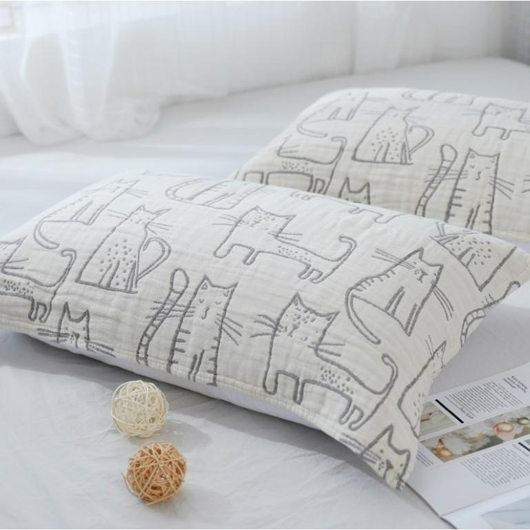 ♡peachlife.♡「台灣現貨」吸濕排汗透氣枕巾2入 四層紗貓咪枕巾 小貓咪枕巾 枕頭保護套 日式可愛枕巾-細節圖5