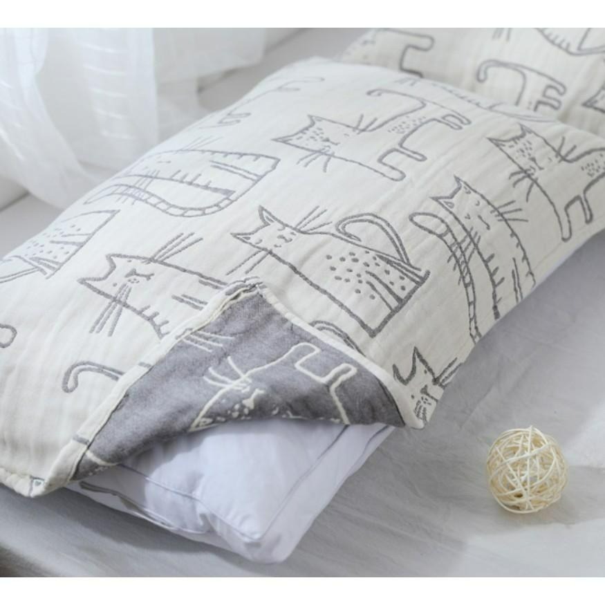 ♡peachlife.♡「台灣現貨」吸濕排汗透氣枕巾2入 四層紗貓咪枕巾 小貓咪枕巾 枕頭保護套 日式可愛枕巾-細節圖6