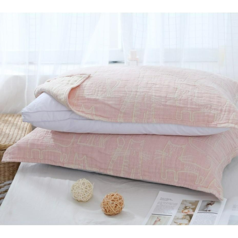 ♡peachlife.♡「台灣現貨」吸濕排汗透氣枕巾2入 四層紗貓咪枕巾 小貓咪枕巾 枕頭保護套 日式可愛枕巾-細節圖8