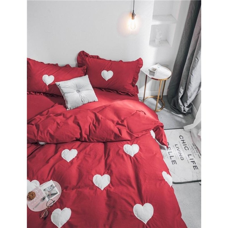 ♡peachlife.♡「台灣現貨」大紅色愛心床包組 少女心噴發 結婚洞房床組 喜氣床包組 荷葉邊床包紅色 雙人/加大-細節圖3