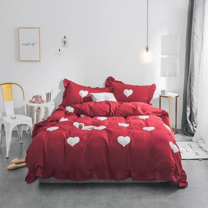 ♡peachlife.♡「台灣現貨」大紅色愛心床包組 少女心噴發 結婚洞房床組 喜氣床包組 荷葉邊床包紅色 雙人/加大-細節圖5