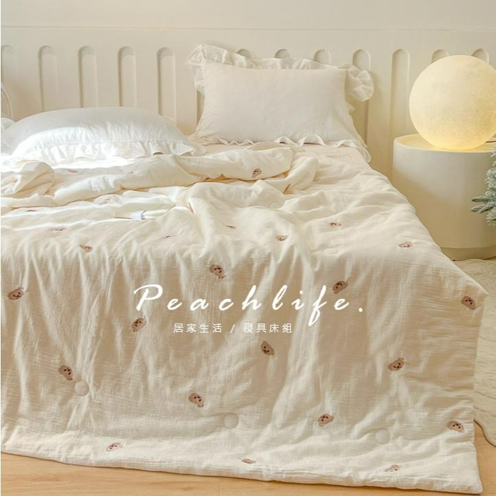 ♡peachlife.♡「台灣現貨」刺繡雙層紗涼被 熊熊刺繡涼被 小花刺繡 沙發被 春夏涼被 薄被 被子 涼被-細節圖2