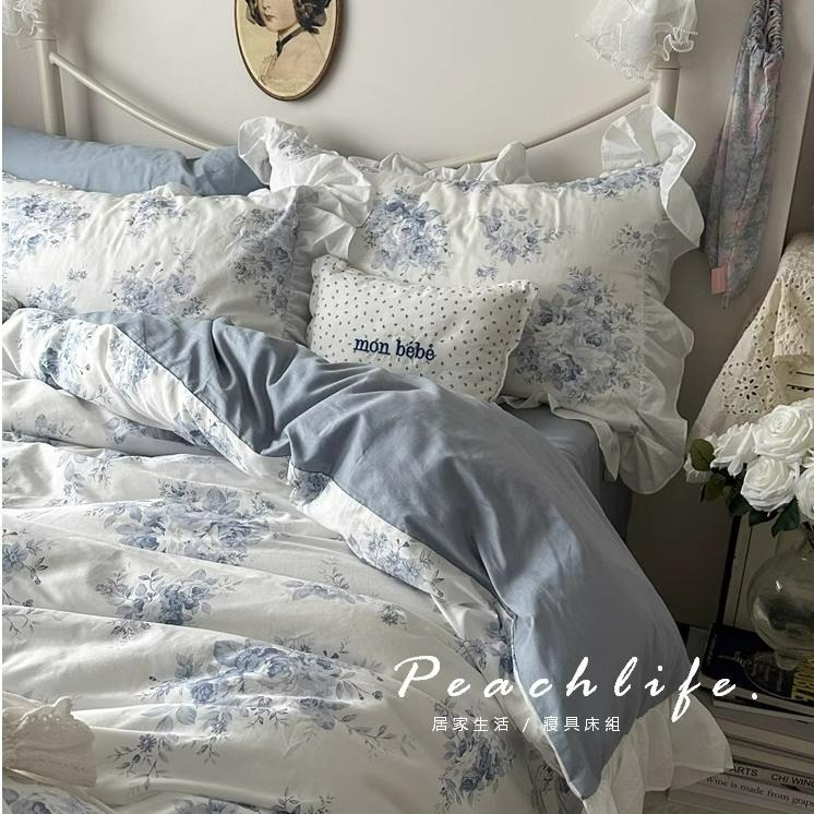 ♡peachlife.♡「台灣現貨」法式100%棉床包 法式荷葉邊藍凌床包 碎花床包 荷葉邊 木耳邊 復古床包 可愛床包-細節圖2