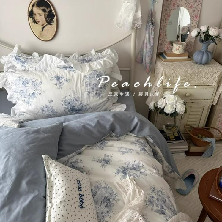 ♡peachlife.♡「台灣現貨」法式100%棉床包 法式荷葉邊藍凌床包 碎花床包 荷葉邊 木耳邊 復古床包 可愛床包-細節圖3