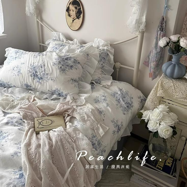♡peachlife.♡「台灣現貨」法式100%棉床包 法式荷葉邊藍凌床包 碎花床包 荷葉邊 木耳邊 復古床包 可愛床包-細節圖7