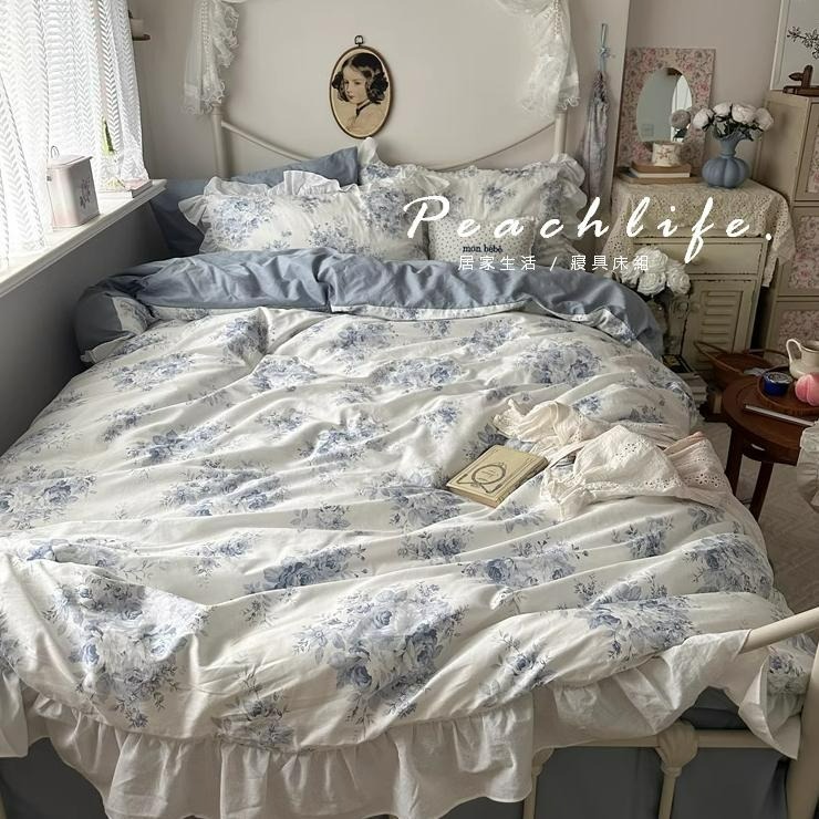 ♡peachlife.♡「台灣現貨」法式100%棉床包 法式荷葉邊藍凌床包 碎花床包 荷葉邊 木耳邊 復古床包 可愛床包-細節圖8