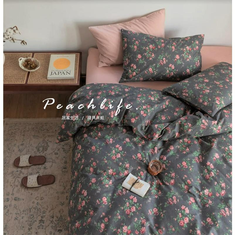 ♡Peachlife.♡「台灣現貨」100%棉純玫瑰花床包組 黑玫瑰 床包被套枕套 舒適柔軟 玫瑰 玫瑰花床包 床包組-細節圖3