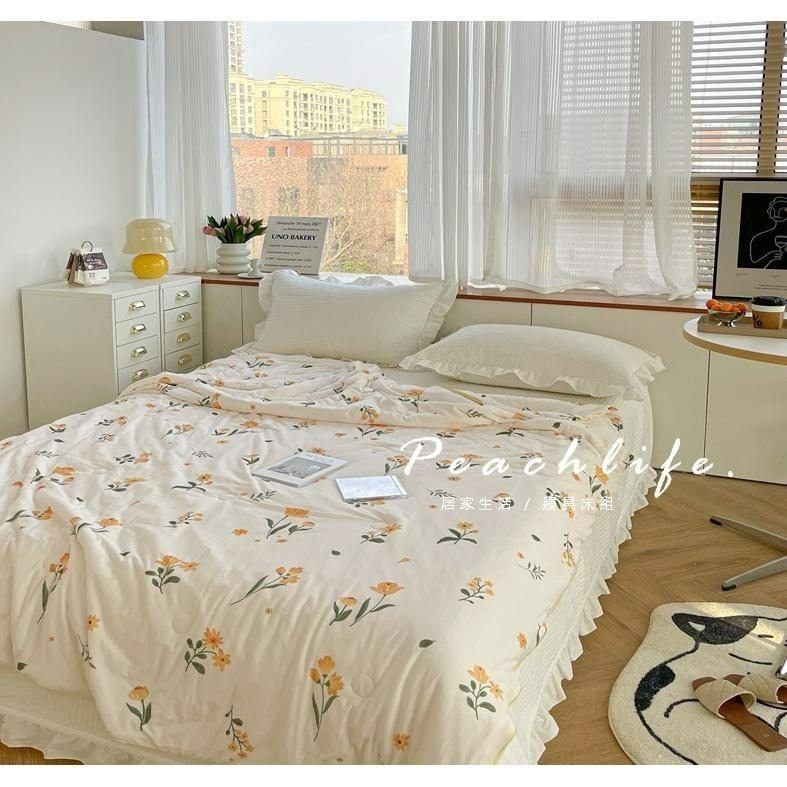 ♡Peachlife.♡「台灣現貨」北歐100%棉質涼被 碎花涼被 涼被 花草涼被 全棉 黃色系涼被 森林系列 空調被涼-細節圖5