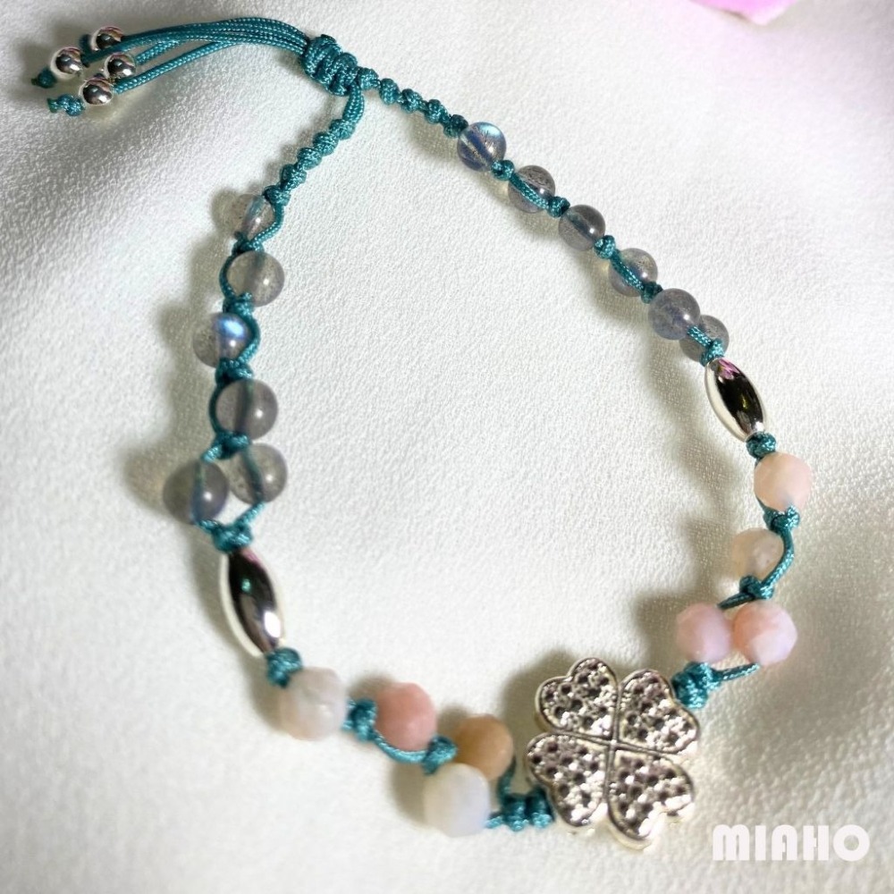 miaho 拉長石粉澳寶幸運草純銀手鍊 手工編織 A5-細節圖2