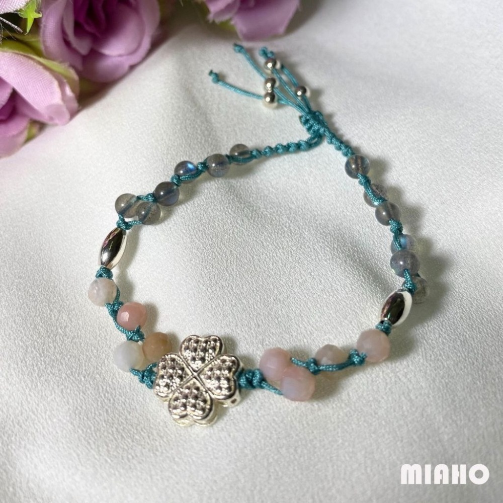 miaho 拉長石粉澳寶幸運草純銀手鍊 手工編織 A5-細節圖4