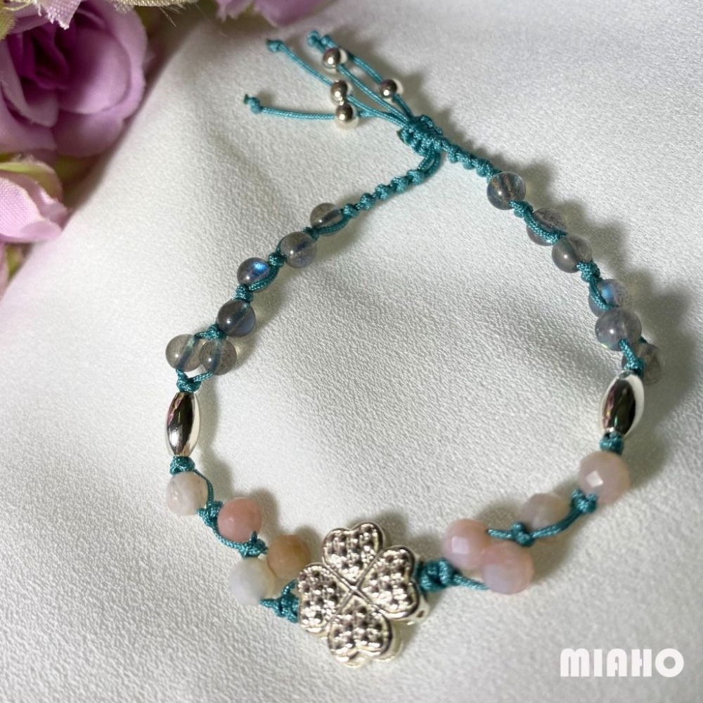 miaho 拉長石粉澳寶幸運草純銀手鍊 手工編織 A5-細節圖6