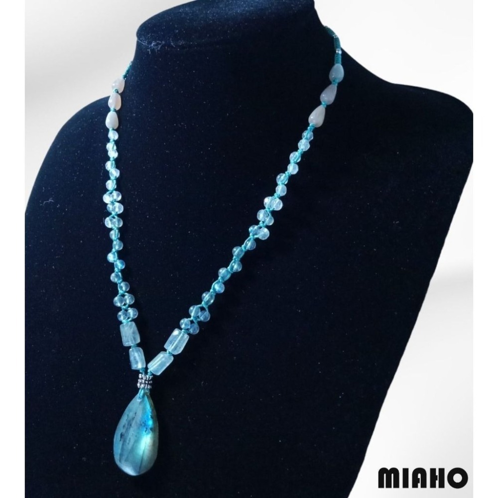 miaho 天然拉長石純銀項鍊 手作中國結編織項鍊-細節圖3