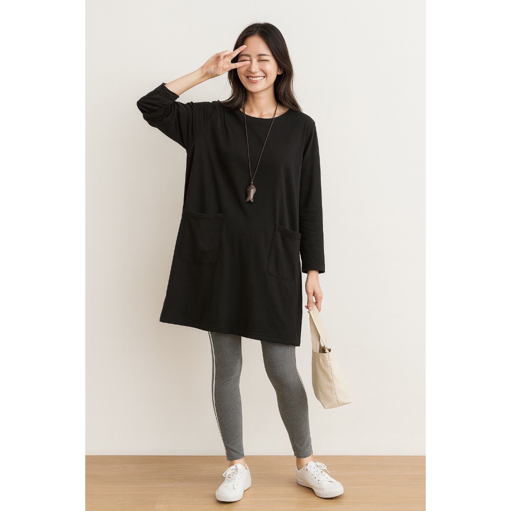 🇹🇼 台灣製｜減齡顯瘦風｜純棉寬鬆休閒連身口袋裙-細節圖3