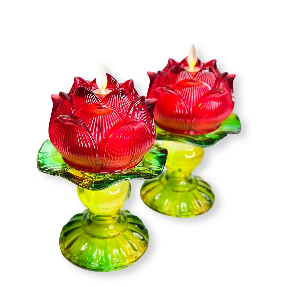 【新韻傳音】圓滿蓮花燈搭配琉璃底座(一對) -祈願心燈 蓮花蠟燭燈  拜拜供神 祈福 電子蠟燭 神明桌 D382B-細節圖2