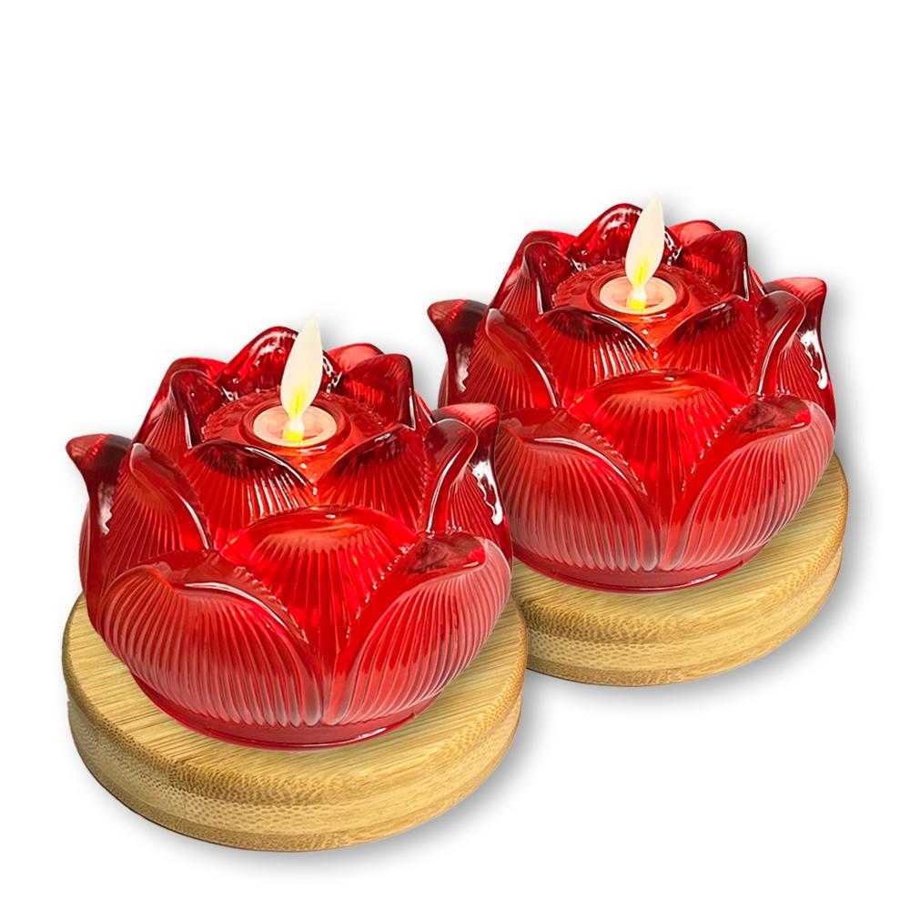 【新韻傳音】圓滿蓮花燈搭配圓木底盤-祈願心燈(單入)  蓮花蠟燭燈  拜拜供神 祈福 電子蠟燭 神明桌 D382B-細節圖2