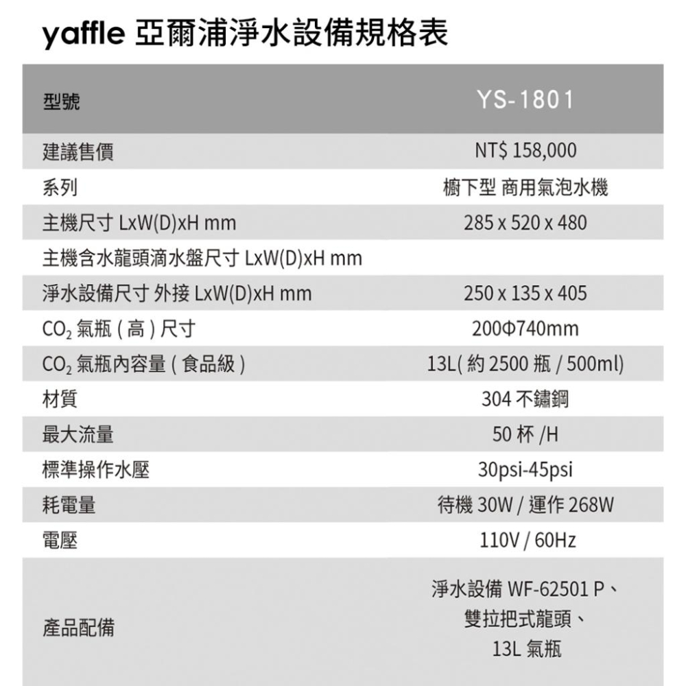 【Yaffle 亞爾浦】五星級氣泡烹調設備－－－櫥下型商用氣泡水機(YS-1801)-細節圖3