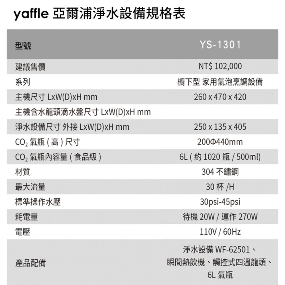 【Yaffle 亞爾浦】五星級氣泡烹調設備－－－櫥下型家用微礦 氣泡水機+熱飲機+觸控式龍頭+大流量淨水(YS-1301)-細節圖3